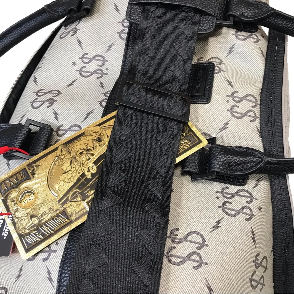 Men’s Sprayground “Double Dollar Sign” full sized duffel bag.
